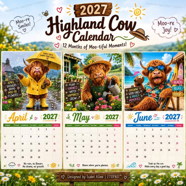 2027 Highlandko Väggkalender – Rolig A4 Kalender för Hemmet | Designad av Isabel Kline