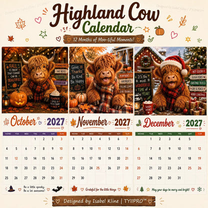 2027 Highlandko Väggkalender – Rolig A4 Kalender för Hemmet | Designad av Isabel Kline