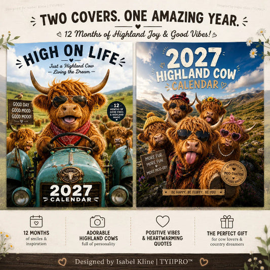 2027 Highlandko Väggkalender – Rolig A4 Kalender för Hemmet | Designad av Isabel Kline