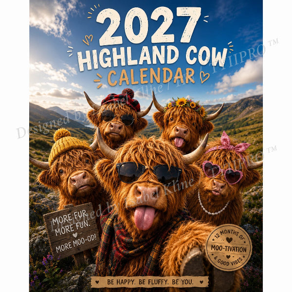 2027 Highlandko Väggkalender – Rolig A4 Kalender för Hemmet | Designad av Isabel Kline