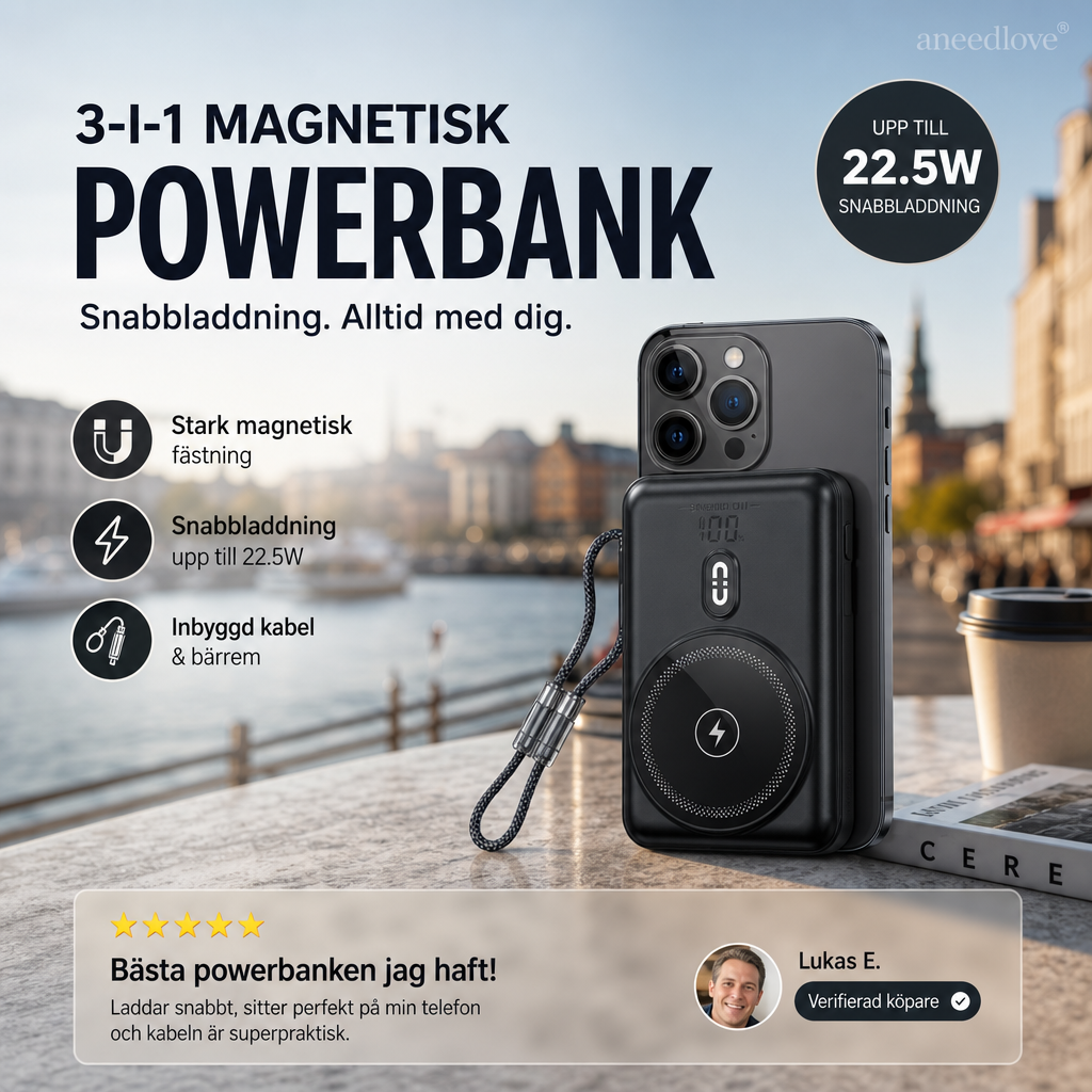🔋 3-i-1 magnetisk powerbank – Inbyggd kabel  ⏳