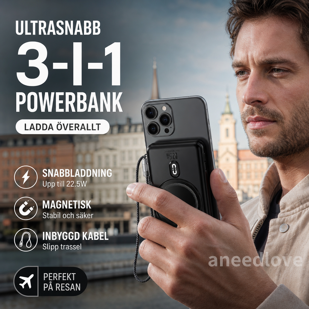 🔋 3-i-1 magnetisk powerbank – Inbyggd kabel  ⏳