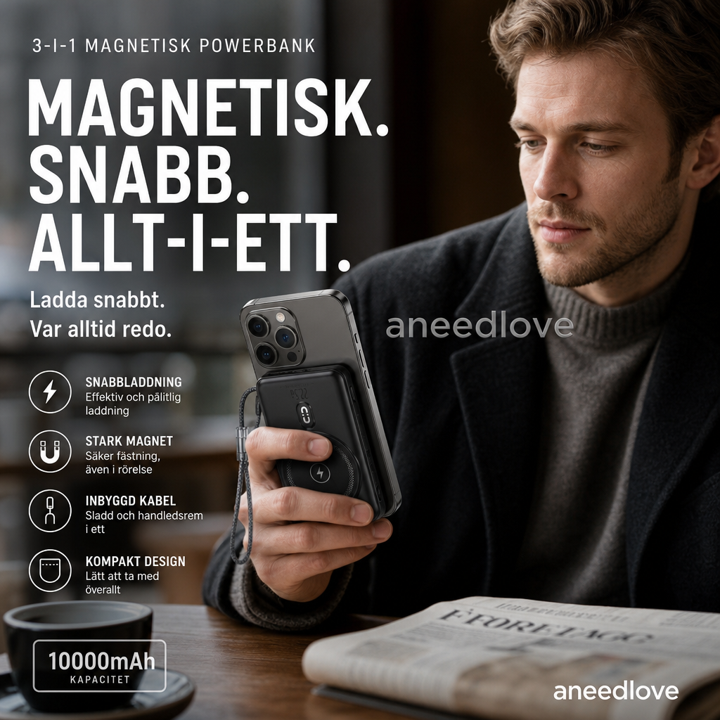 🔋 3-i-1 magnetisk powerbank – Inbyggd kabel  ⏳