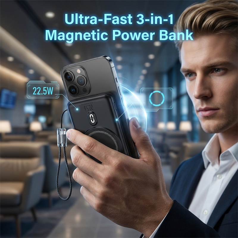 🔋 3-i-1 magnetisk powerbank – Inbyggd kabel  ⏳