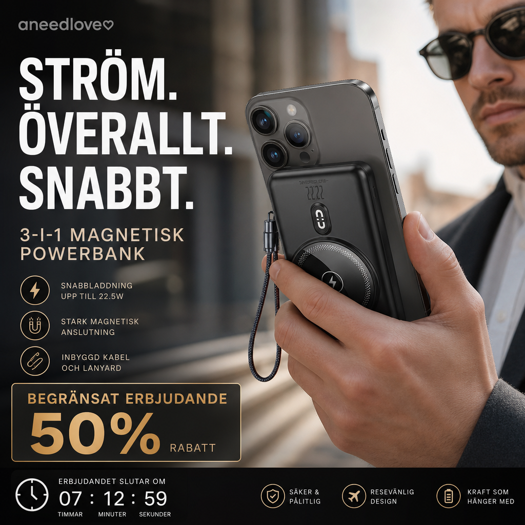 🔋 3-i-1 magnetisk powerbank – Inbyggd kabel  ⏳