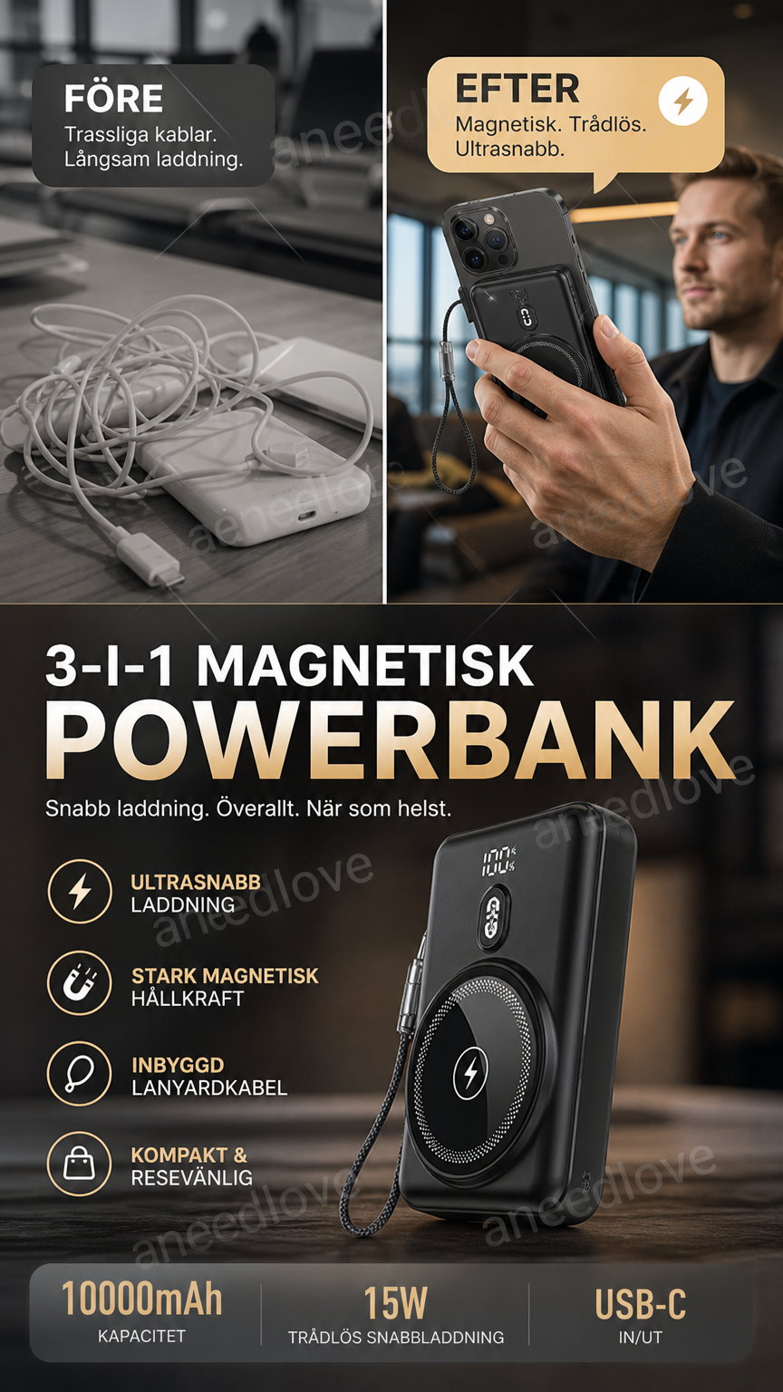 🔋 3-i-1 magnetisk powerbank – Inbyggd kabel  ⏳