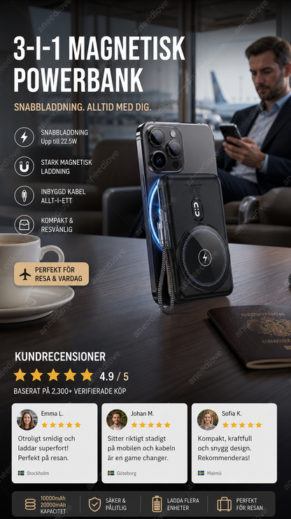 🔋 3-i-1 magnetisk powerbank – Inbyggd kabel  ⏳