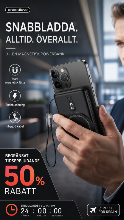 🔋 3-i-1 magnetisk powerbank – Inbyggd kabel  ⏳