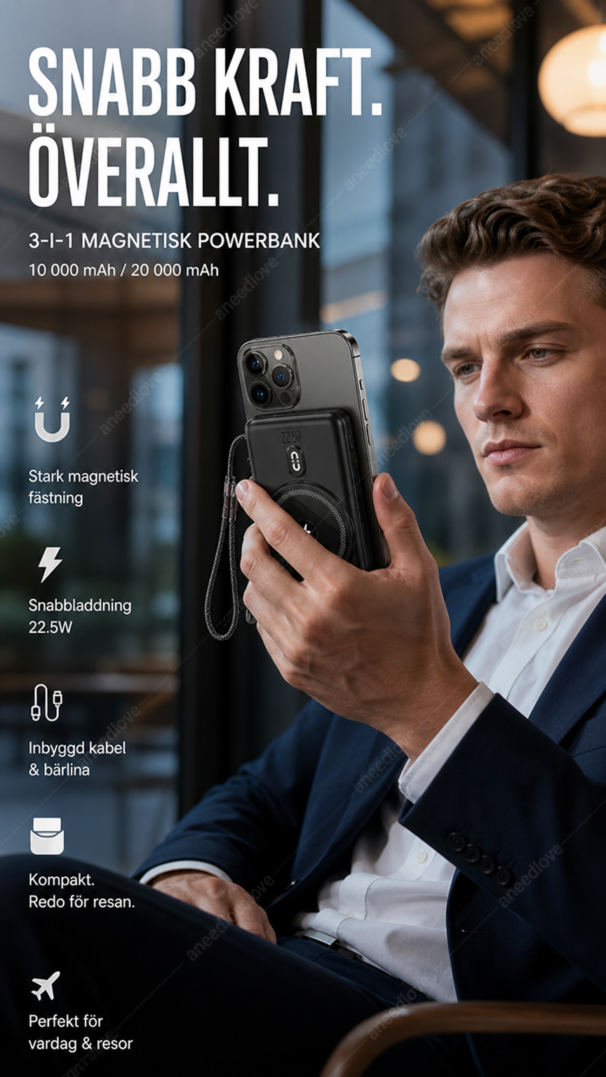 🔋 3-i-1 magnetisk powerbank – Inbyggd kabel  ⏳