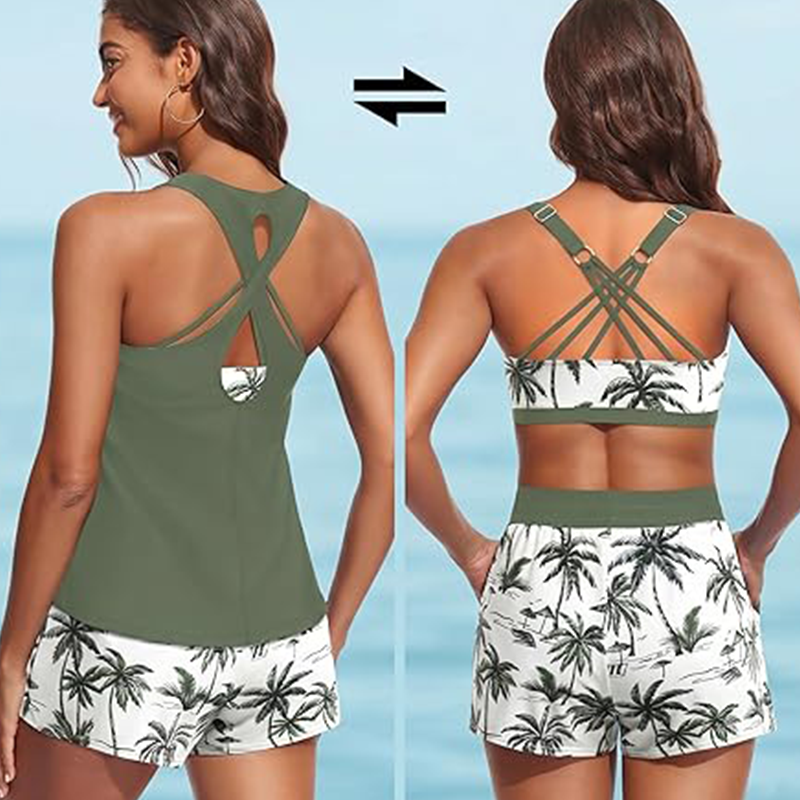 👙 50% RABATT NU! 🌊 Dam 3-delad Baddräkt Tankini Set med Shorts – Korsrygg & Magkontroll – Perfekt för Strand & Pool – Livfulla Tropiska Mönster ☀️