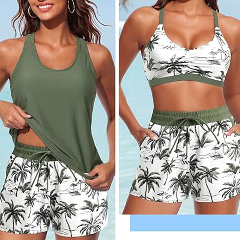👙 50% RABATT NU! 🌊 Dam 3-delad Baddräkt Tankini Set med Shorts – Korsrygg & Magkontroll – Perfekt för Strand & Pool – Livfulla Tropiska Mönster ☀️