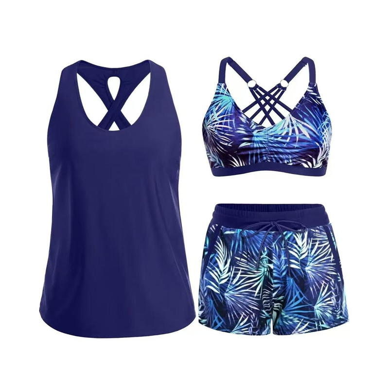👙 50% RABATT NU! 🌊 Dam 3-delad Baddräkt Tankini Set med Shorts – Korsrygg & Magkontroll – Perfekt för Strand & Pool – Livfulla Tropiska Mönster ☀️