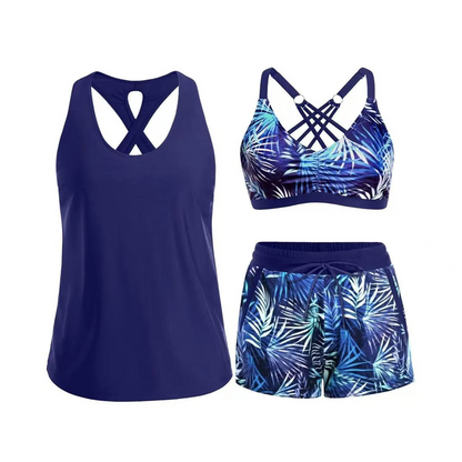 👙 50% RABATT NU! 🌊 Dam 3-delad Baddräkt Tankini Set med Shorts – Korsrygg & Magkontroll – Perfekt för Strand & Pool – Livfulla Tropiska Mönster ☀️