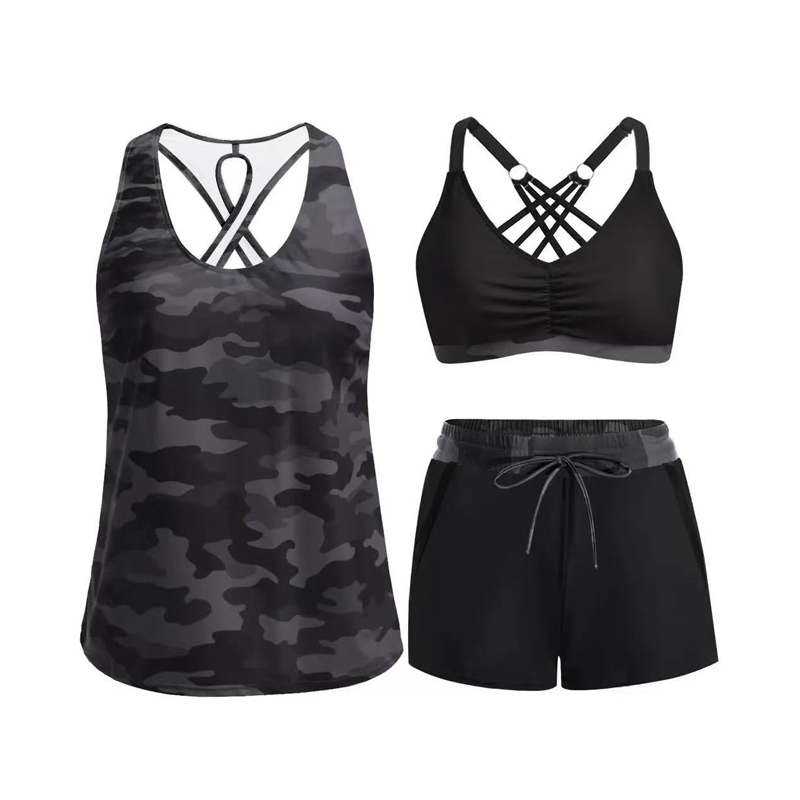 👙 50% RABATT NU! 🌊 Dam 3-delad Baddräkt Tankini Set med Shorts – Korsrygg & Magkontroll – Perfekt för Strand & Pool – Livfulla Tropiska Mönster ☀️