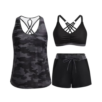 👙 50% RABATT NU! 🌊 Dam 3-delad Baddräkt Tankini Set med Shorts – Korsrygg & Magkontroll – Perfekt för Strand & Pool – Livfulla Tropiska Mönster ☀️