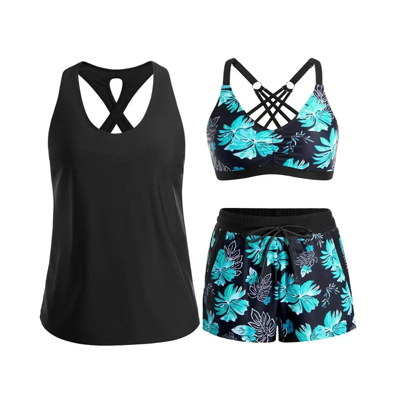 👙 50% RABATT NU! 🌊 Dam 3-delad Baddräkt Tankini Set med Shorts – Korsrygg & Magkontroll – Perfekt för Strand & Pool – Livfulla Tropiska Mönster ☀️