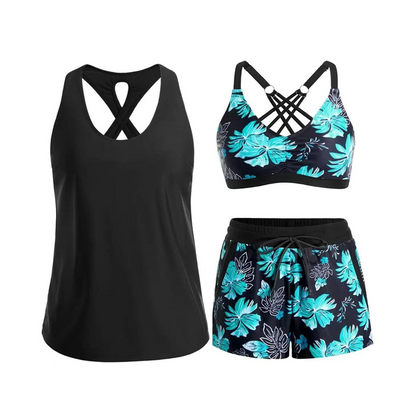 👙 50% RABATT NU! 🌊 Dam 3-delad Baddräkt Tankini Set med Shorts – Korsrygg & Magkontroll – Perfekt för Strand & Pool – Livfulla Tropiska Mönster ☀️