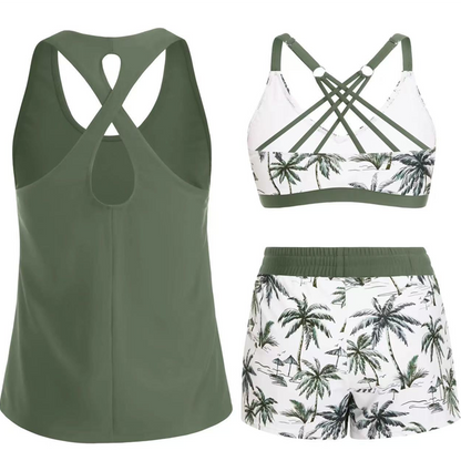 👙 50% RABATT NU! 🌊 Dam 3-delad Baddräkt Tankini Set med Shorts – Korsrygg & Magkontroll – Perfekt för Strand & Pool – Livfulla Tropiska Mönster ☀️